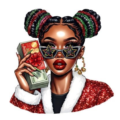 Festive Black woman Christmas DTF transfer design XMAS1469-19. Physical transfer only.