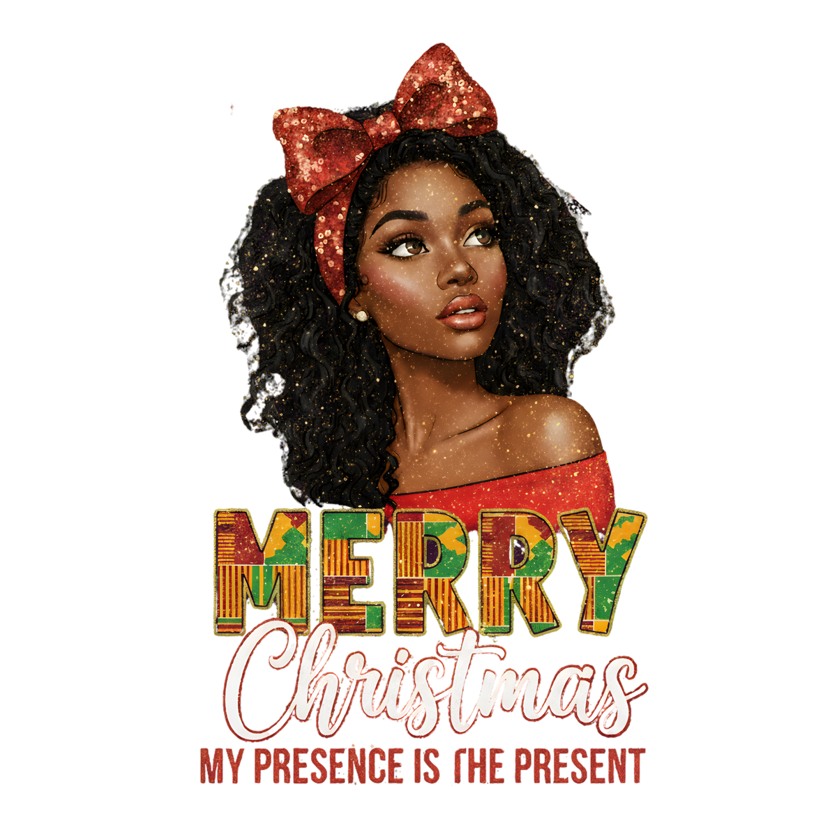 Festive Black woman Christmas DTF transfer design XMAS1469-20. Physical transfer only.