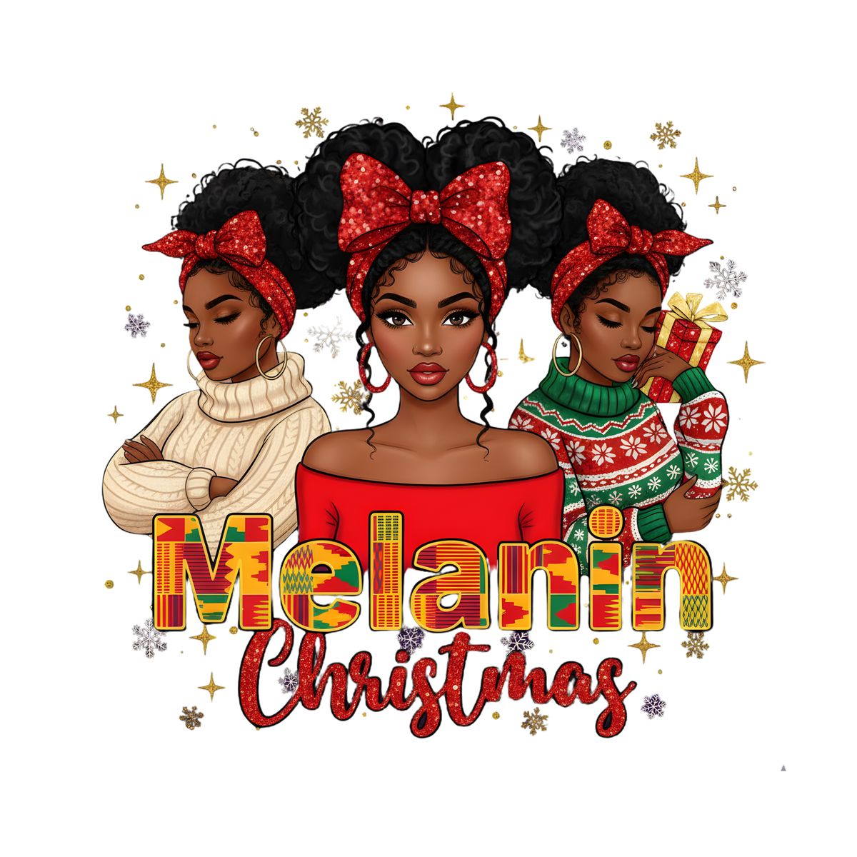 Festive Black woman Christmas DTF transfer design XMAS1469-22. Physical transfer only.