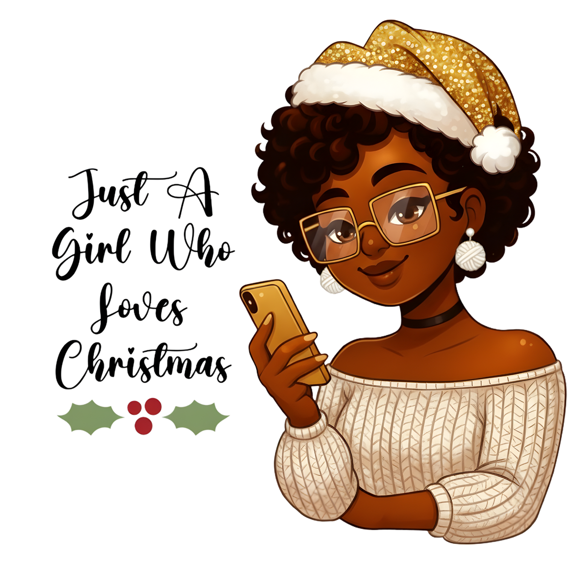 Festive Black woman Christmas DTF transfer design XMAS1469-25. Physical transfer only.