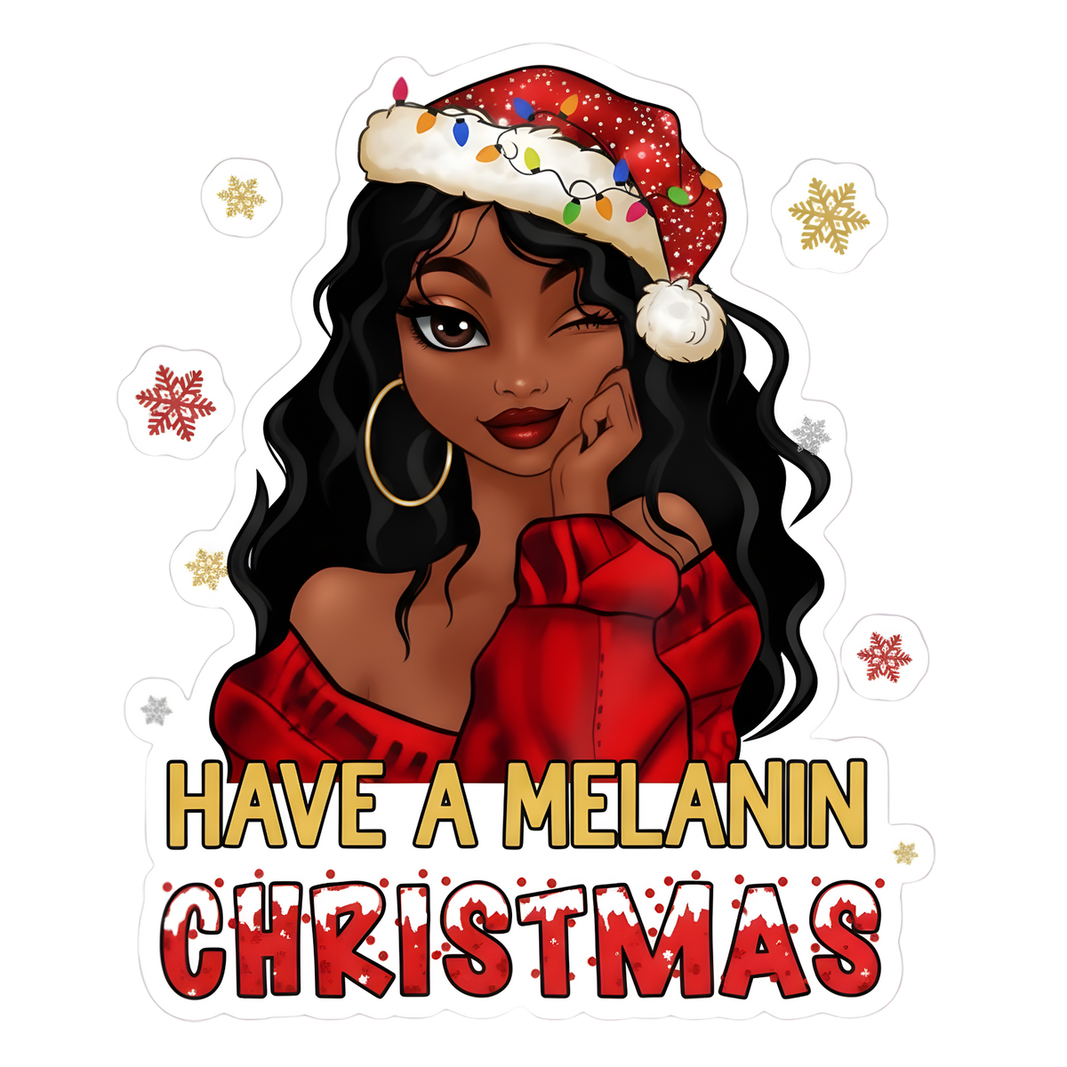 Festive Black woman Christmas DTF transfer design XMAS1469-29. Physical transfer only.
