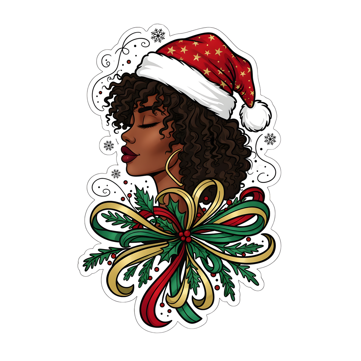 Festive Black woman Christmas DTF transfer design XMAS1469-32. Physical transfer only.