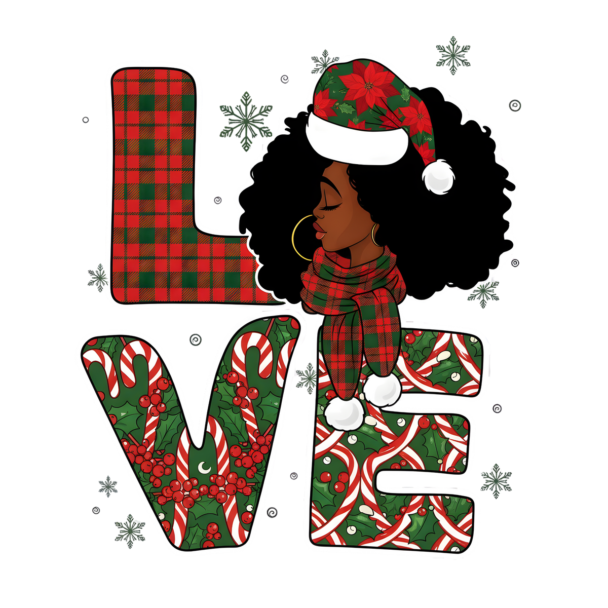 Festive Black woman Christmas DTF transfer design XMAS1469-33. Physical transfer only.
