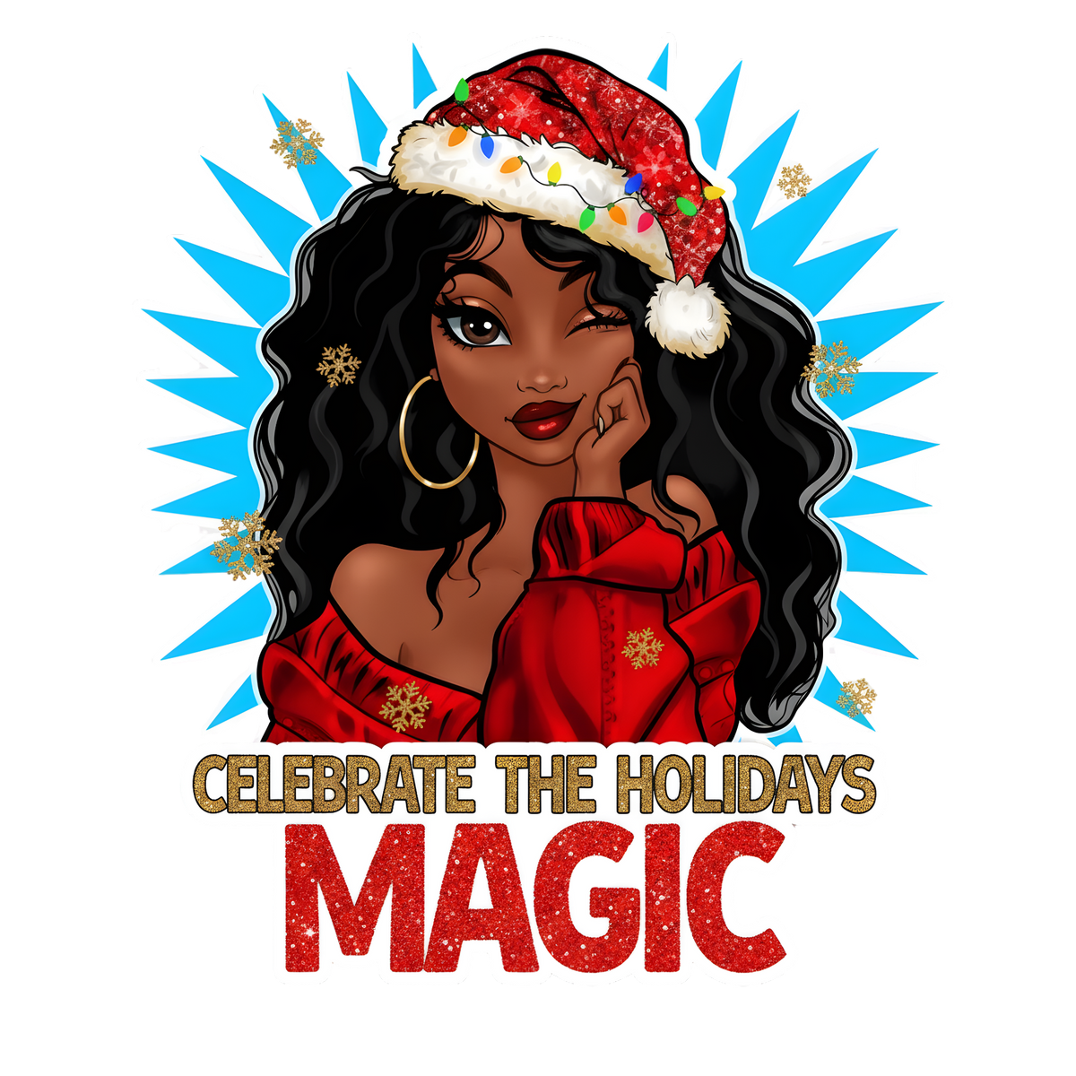 Festive Black woman Christmas DTF transfer design XMAS1469-35. Physical transfer only.