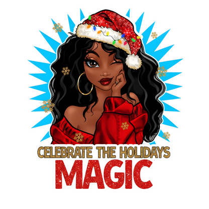 Festive Black woman Christmas DTF transfer design XMAS1469-35. Physical transfer only.