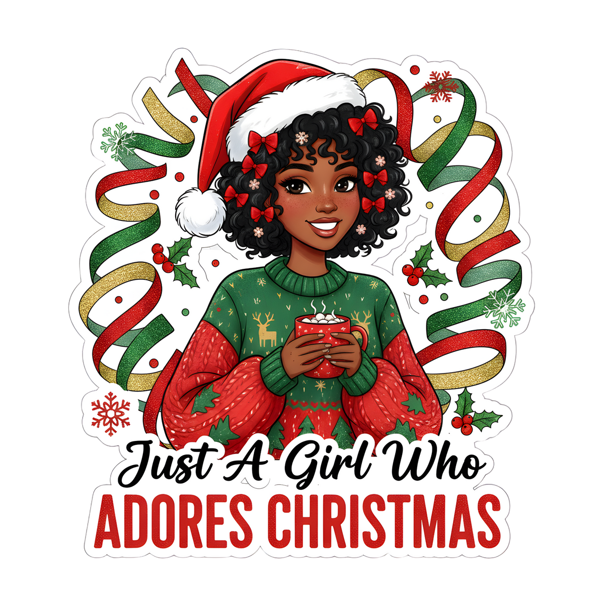 Festive Black woman Christmas DTF transfer design XMAS1469-36. Physical transfer only.