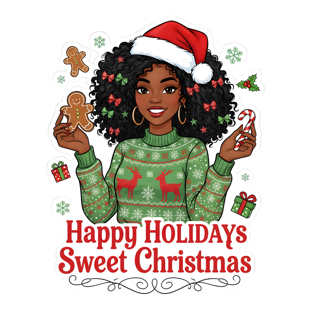Festive Black woman Christmas DTF transfer design XMAS1469-38. Physical transfer only.