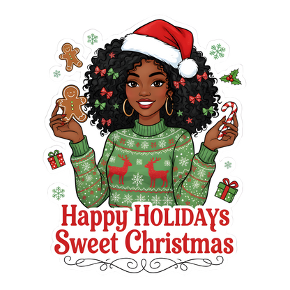 Festive Black woman Christmas DTF transfer design XMAS1469-38. Physical transfer only.