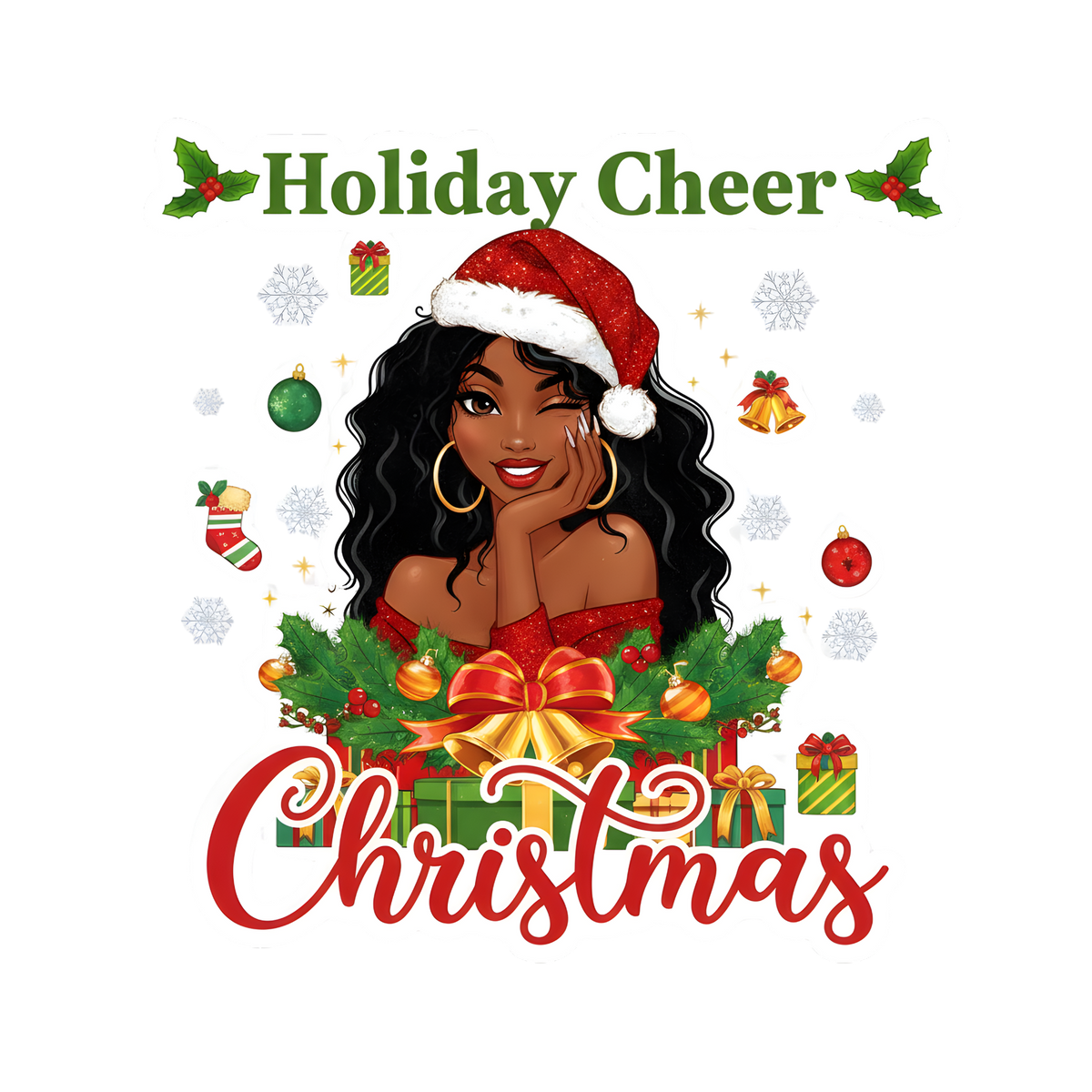 Festive Black woman Christmas DTF transfer design XMAS1469-40. Physical transfer only.