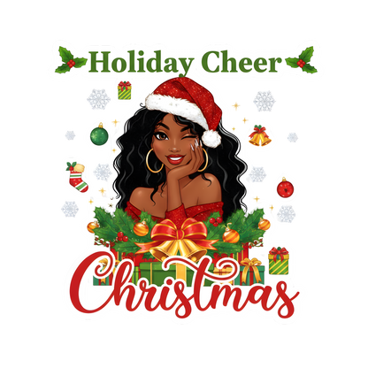Festive Black woman Christmas DTF transfer design XMAS1469-40. Physical transfer only.