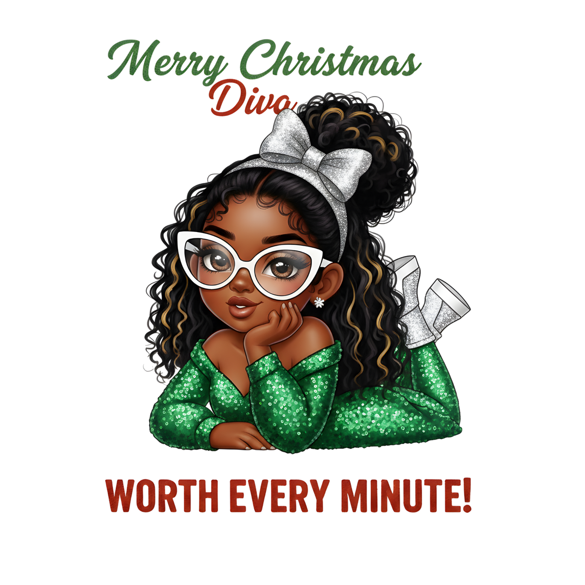 Festive Black woman Christmas DTF transfer design XMAS1469-5. Physical transfer only.