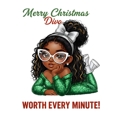 Festive Black woman Christmas DTF transfer design XMAS1469-5. Physical transfer only.