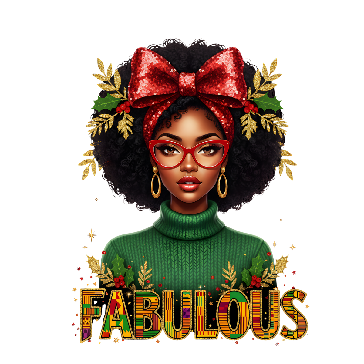 Festive Black woman Christmas DTF transfer design XMAS1469-9. Physical transfer only.