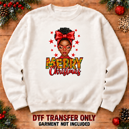 Merry Christmas Black woman DTF transfer XMAS1469-7 shown at 12 inches on an adult sweatshirt. Garment not included.
