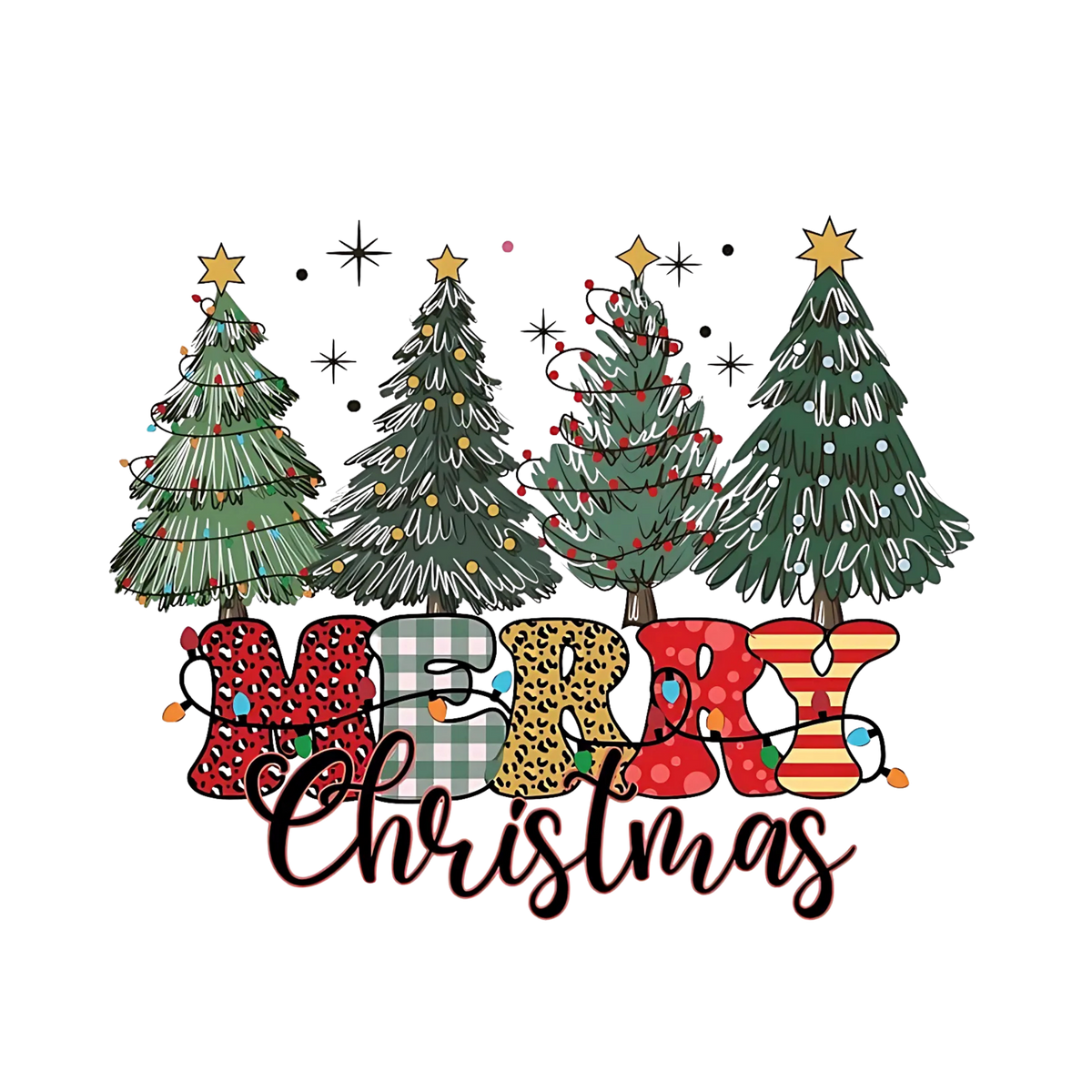 Whimsical Christmas tree DTF transfer design XMAS1470-19. Physical transfer only.