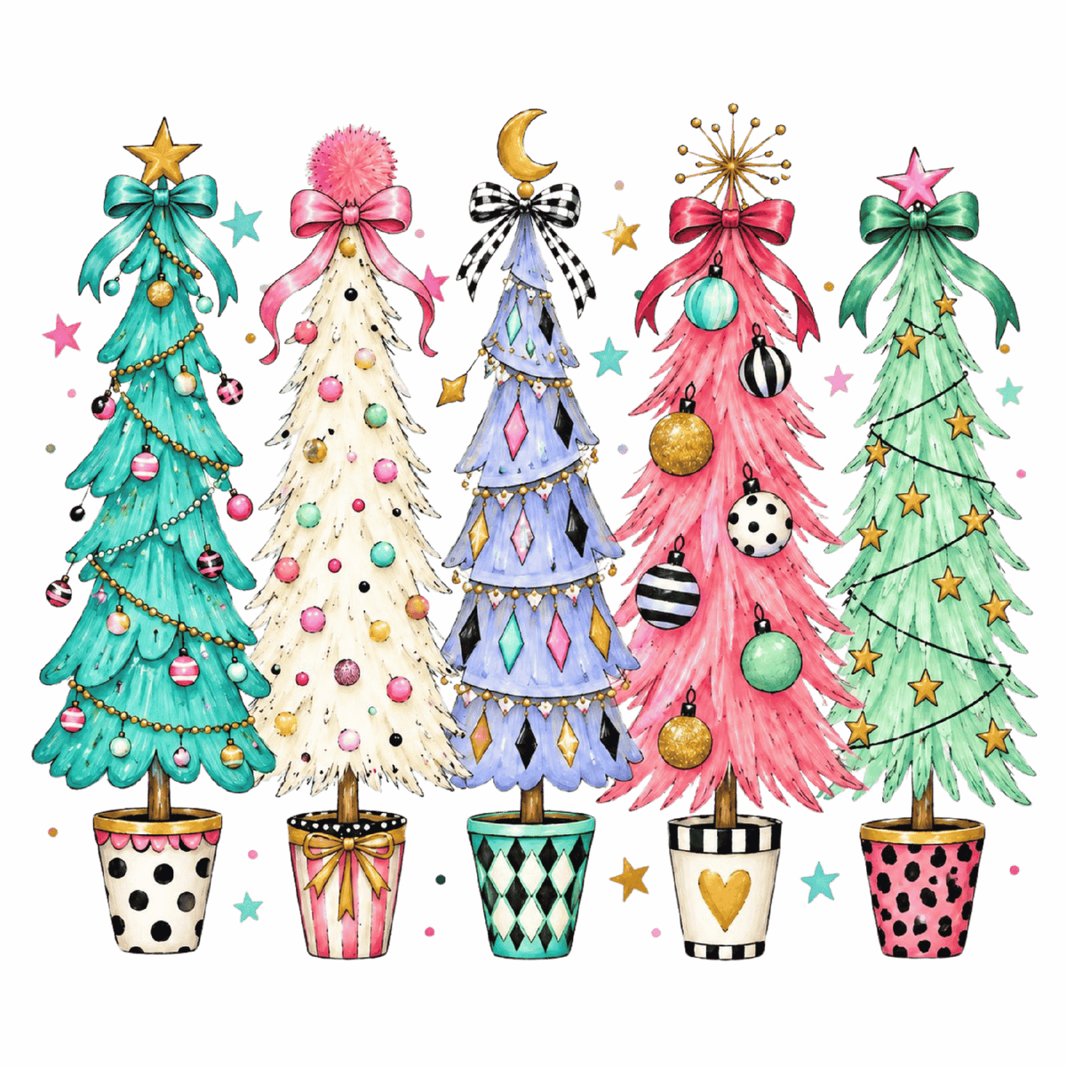 Whimsical Christmas tree DTF transfer design XMAS1470-20. Physical transfer only.