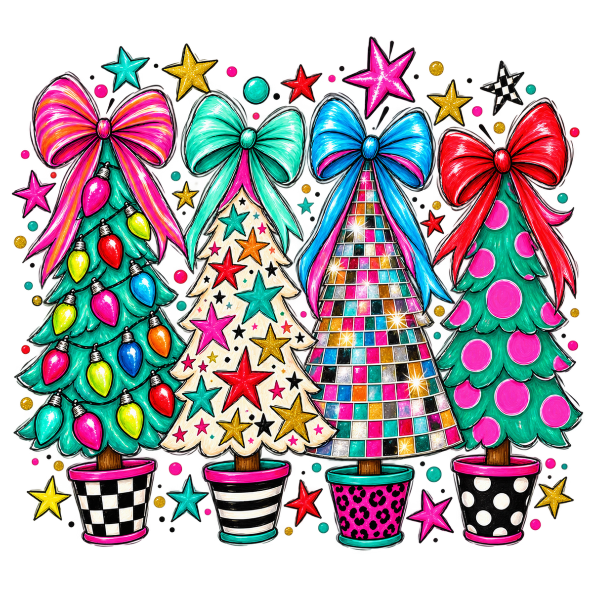 Whimsical Christmas tree DTF transfer design XMAS1470-4. Physical transfer only.