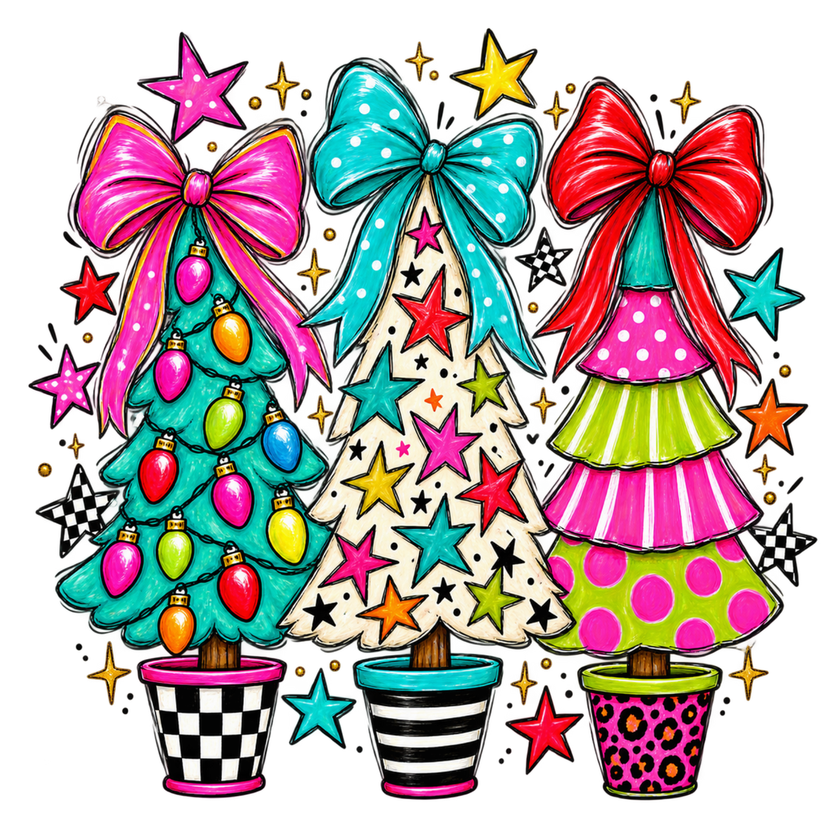 Whimsical Christmas tree DTF transfer design XMAS1470-5. Physical transfer only.