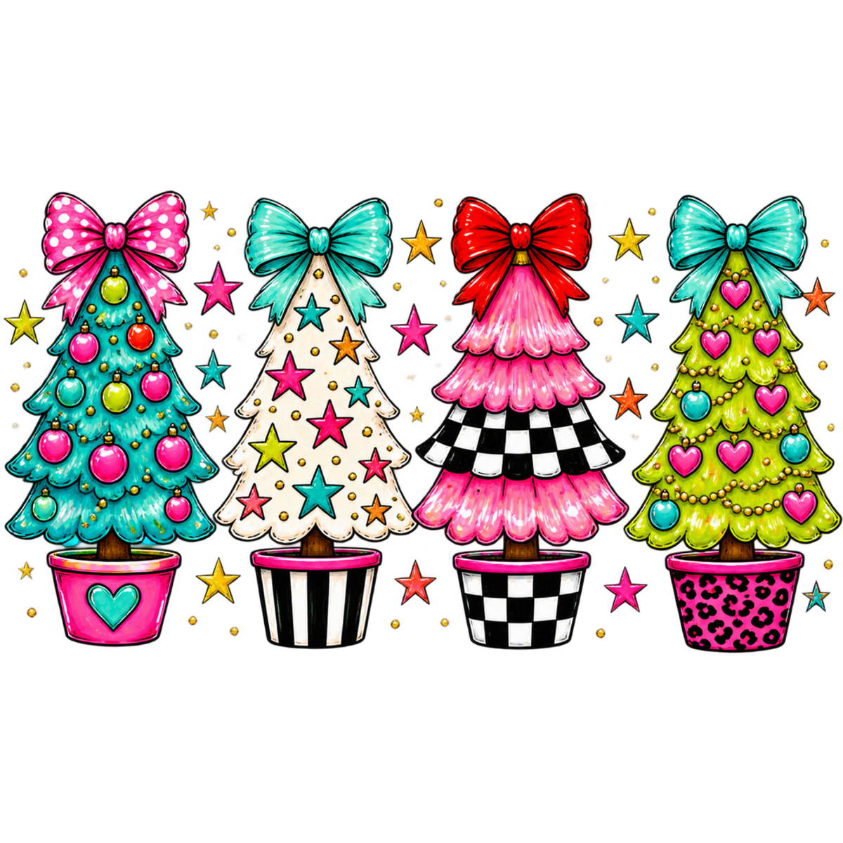 Whimsical Christmas tree DTF transfer design XMAS1470-6. Physical transfer only.