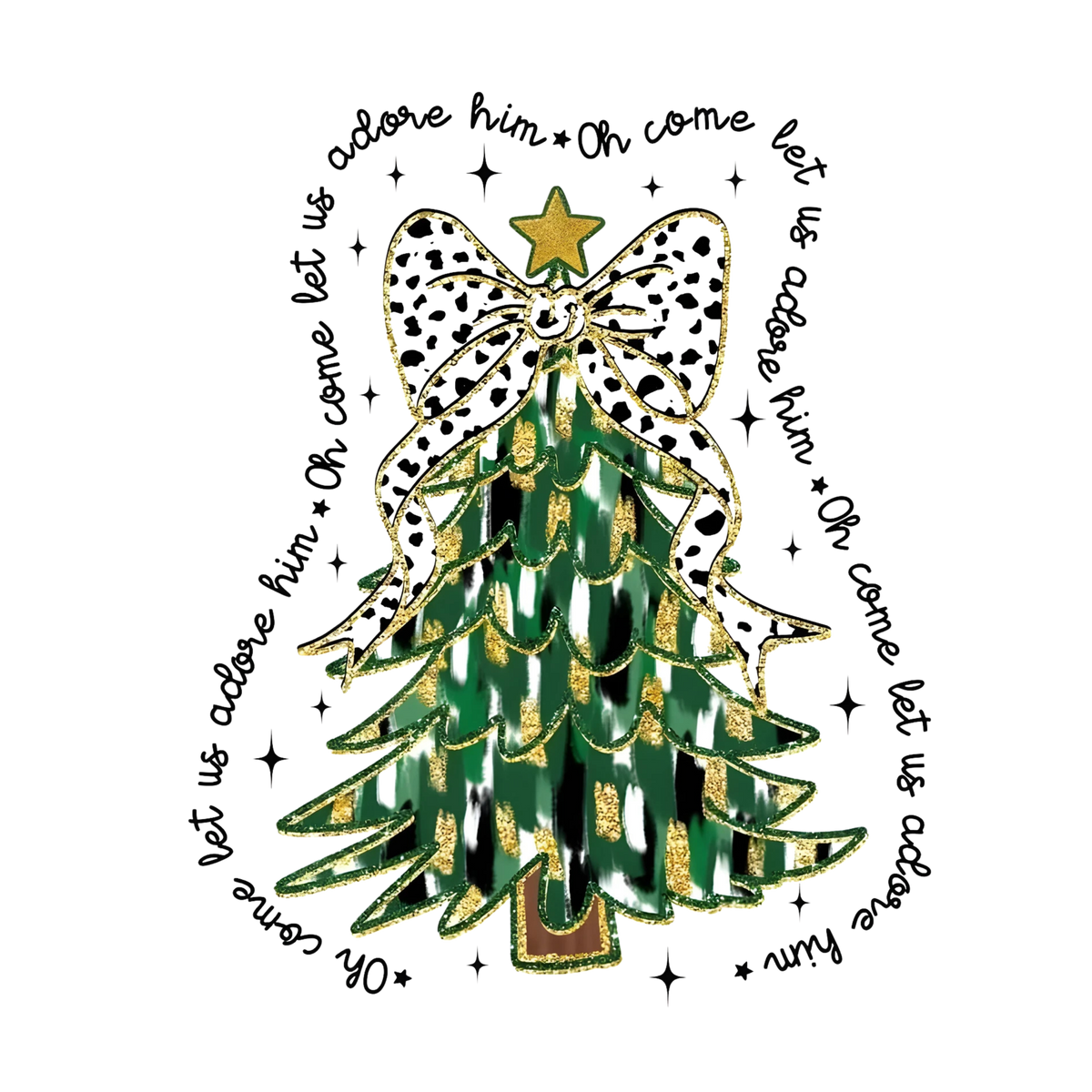 Whimsical Christmas tree DTF transfer design XMAS1470-8. Physical transfer only.