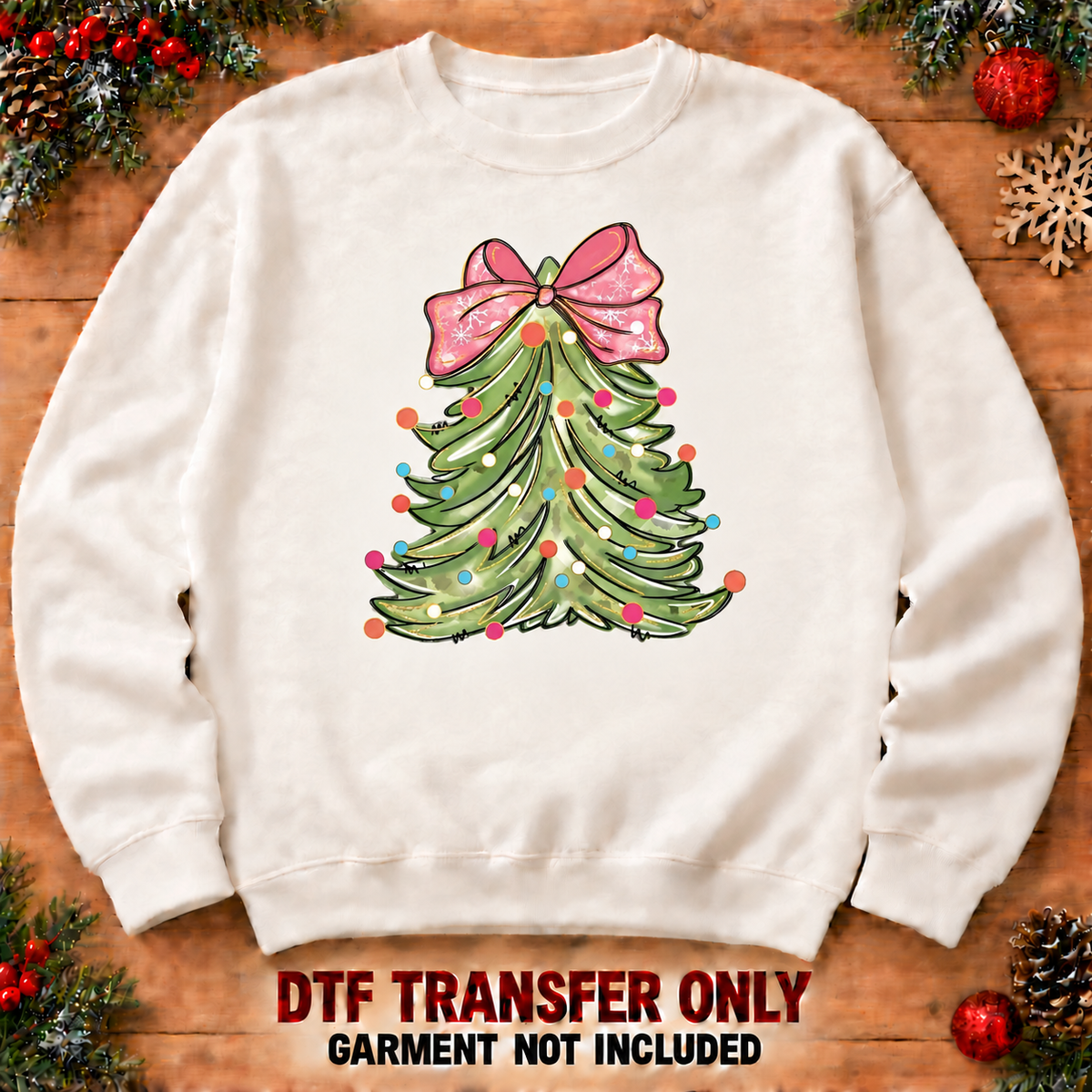 Whimsical Christmas tree DTF transfer XMAS1470-12 shown at 12 inches on an adult sweatshirt. Garment not included.