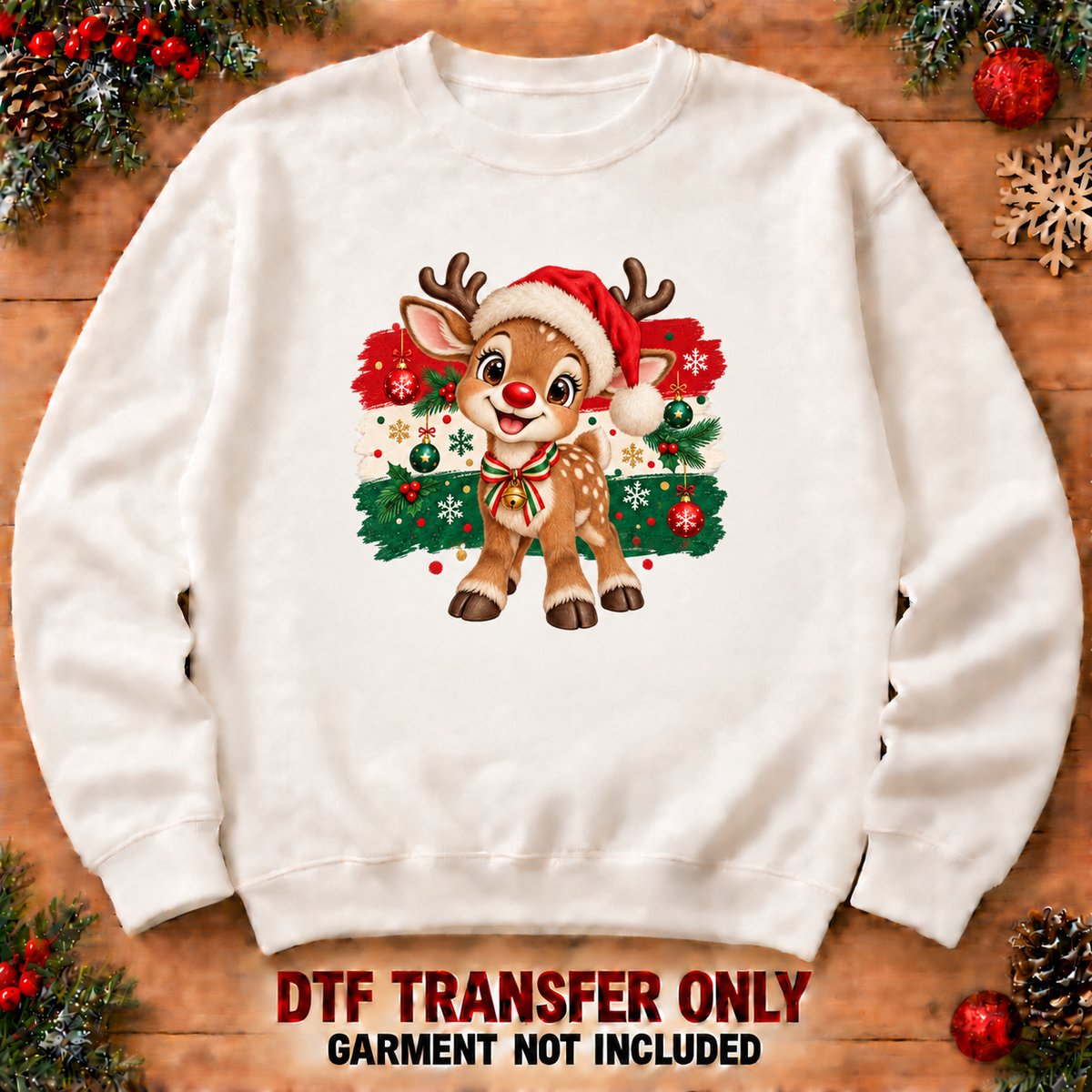 Brushstroke Santa and reindeer DTF transfer XMAS1471-12 shown at 12 inches on an adult sweatshirt. Garment not included.