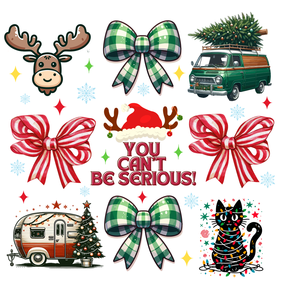 Christmas bow and icon collage DTF transfer XMAS1472-1. Physical transfer only.