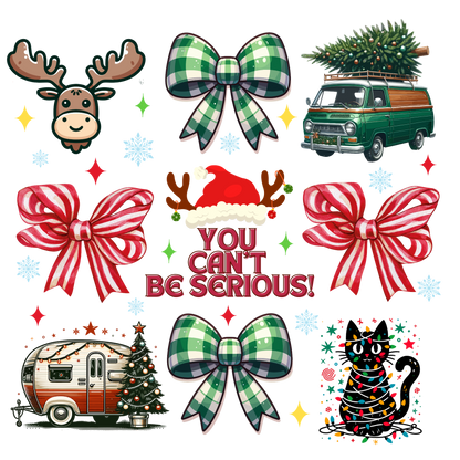Christmas bow and icon collage DTF transfer XMAS1472-1. Physical transfer only.