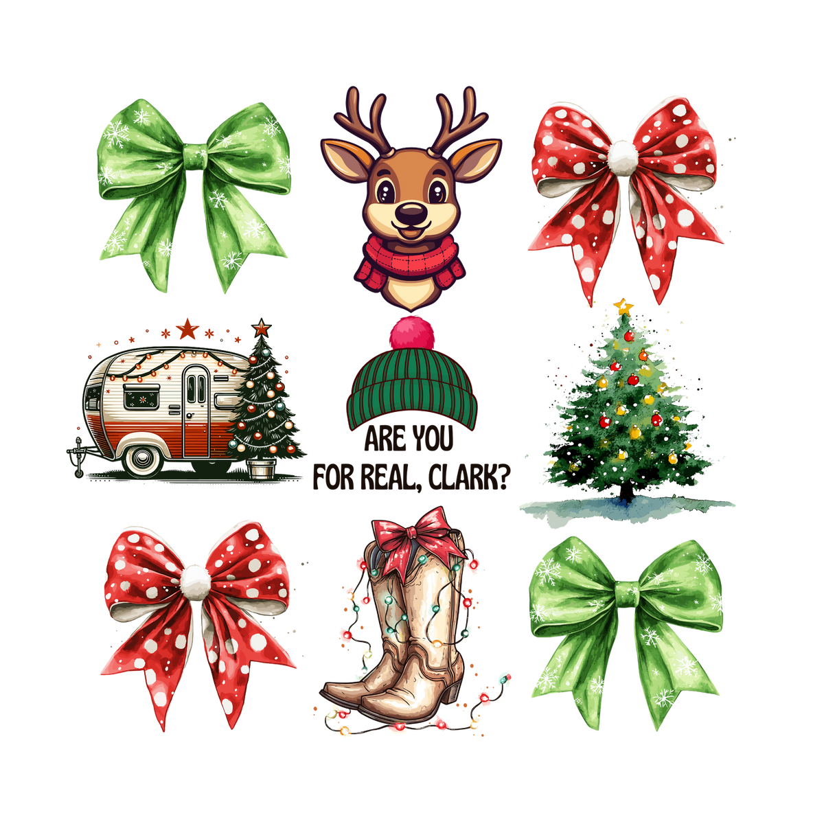 Christmas bow and icon collage DTF transfer XMAS1472-3. Physical transfer only.