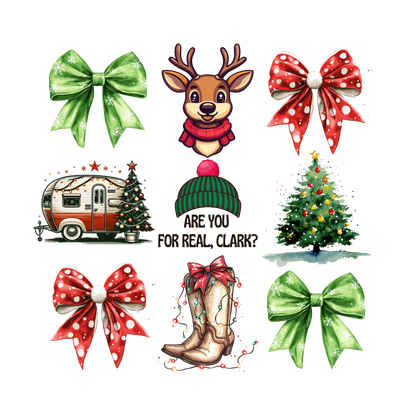 Christmas bow and icon collage DTF transfer XMAS1472-3. Physical transfer only.