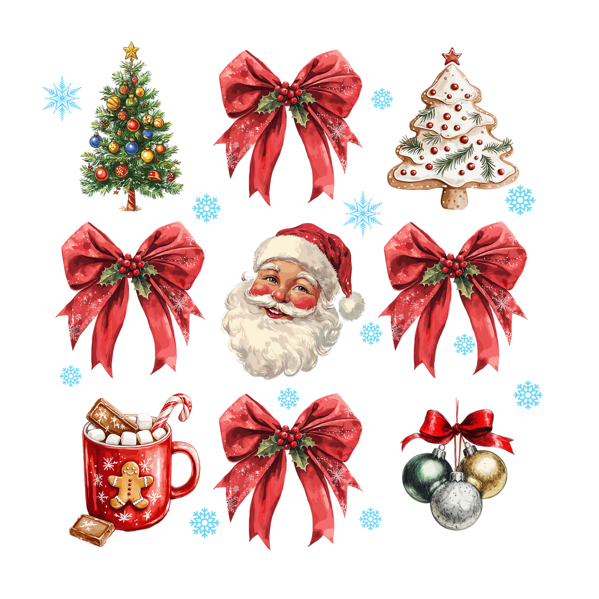 Christmas bow and icon collage DTF transfer XMAS1472-5. Physical transfer only.
