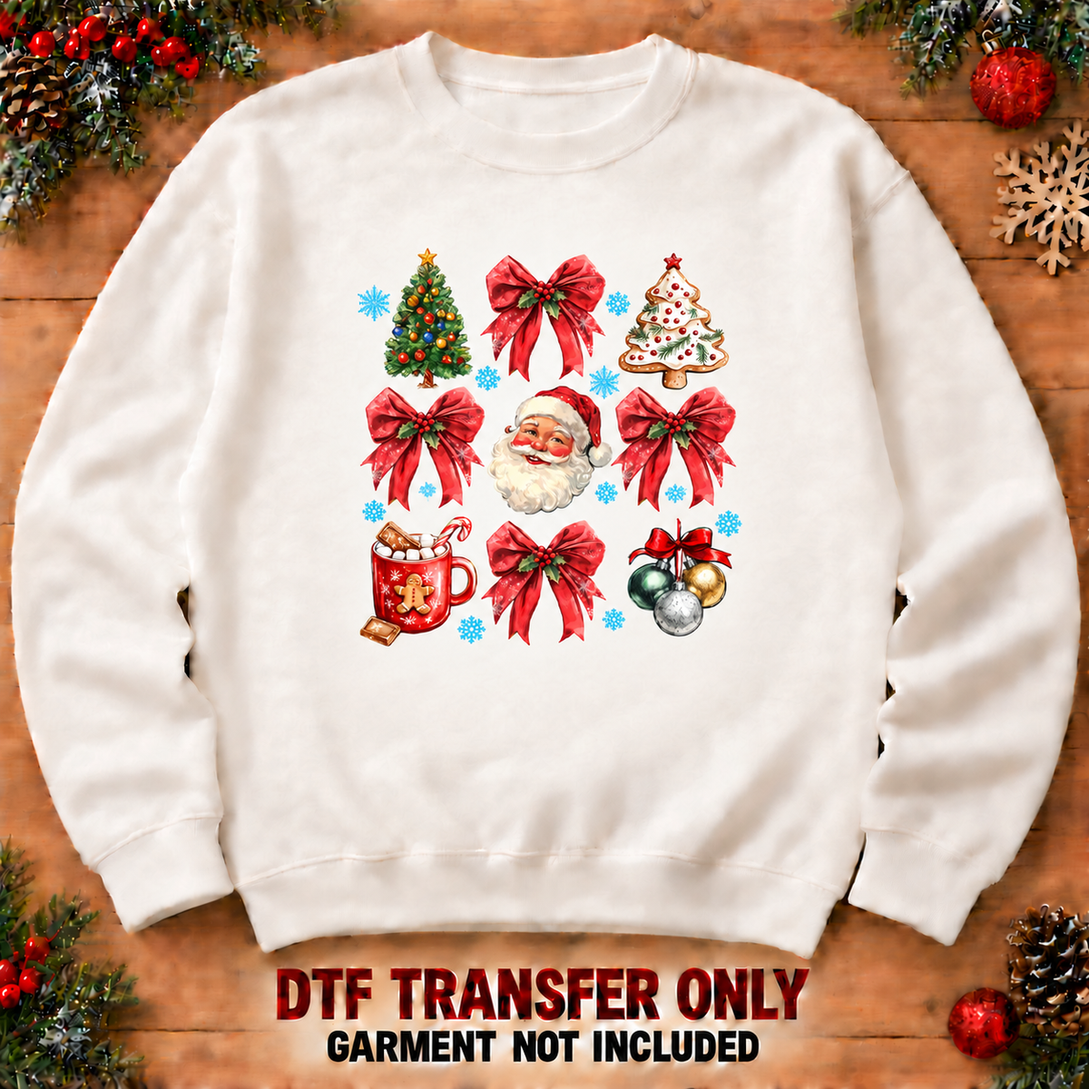 Christmas bow and holiday icon collage DTF transfer XMAS1472-5 shown at12 inches on an adult sweatshirt. Garment not included.