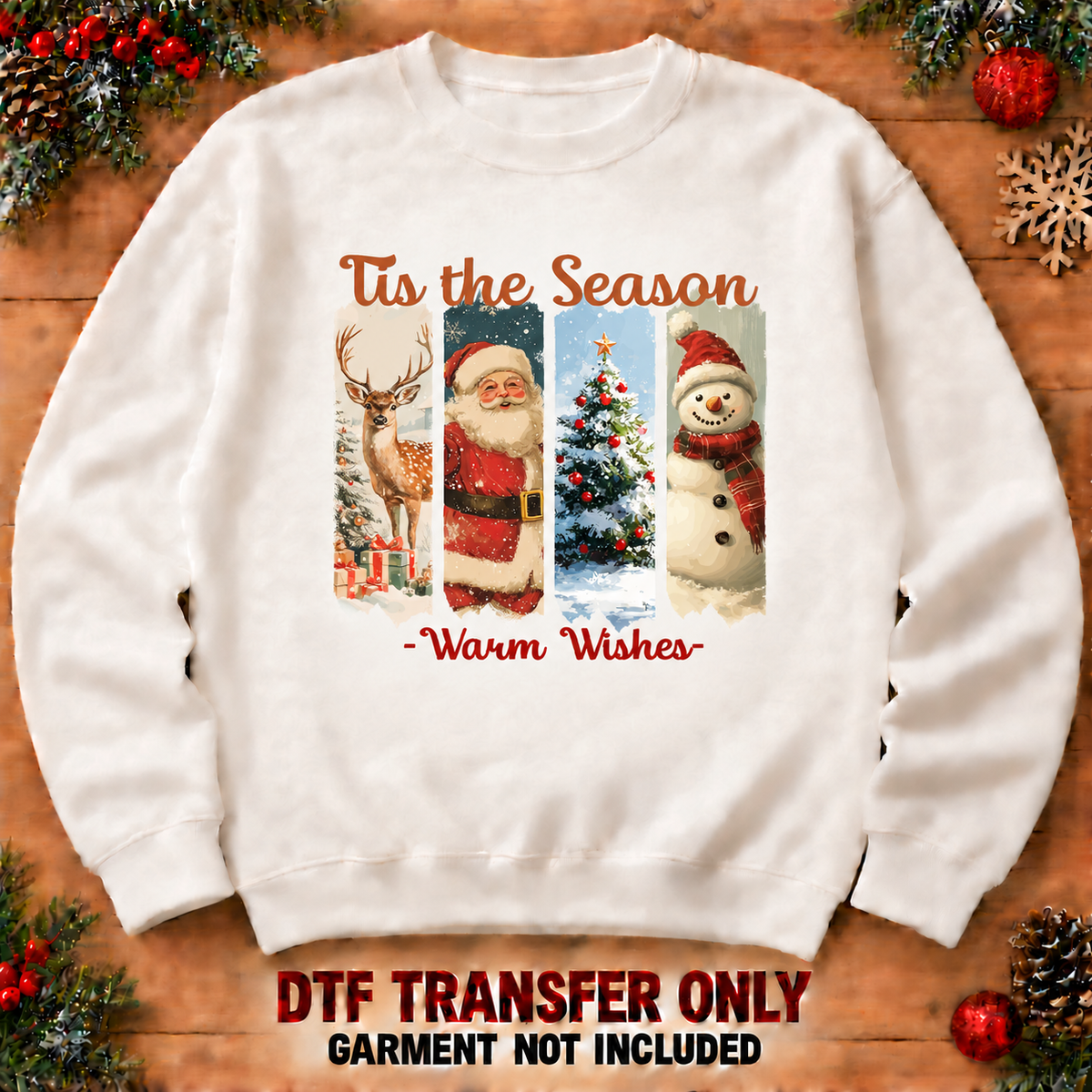Tis the Season vintage Christmas panel DTF transfer XMAS1473-7 shown at12 inches on an adult sweatshirt. Garment not included.