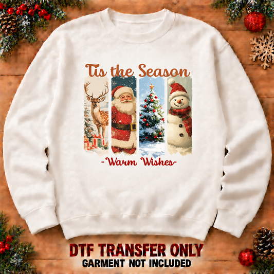 Tis the Season vintage Christmas panel DTF transfer XMAS1473-7 shown at12 inches on an adult sweatshirt. Garment not included.
