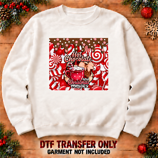 Hot Chocolate and Christmas movies rectangular textile DTF transfer XMAS1474-6 shown at12-inch width on sweatshirt. Garment not included.