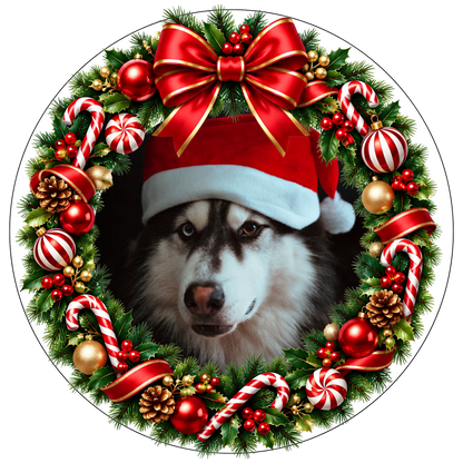 Christmas dog wreath DTF transfer design XMAS1475-2. Fixed photo artwork as shown; physical transfer only.