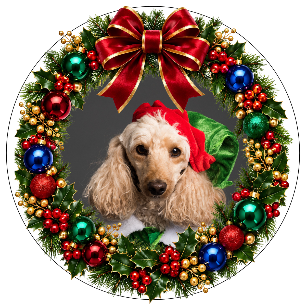 Christmas dog wreath DTF transfer design XMAS1475-3. Fixed photo artwork as shown; physical transfer only.