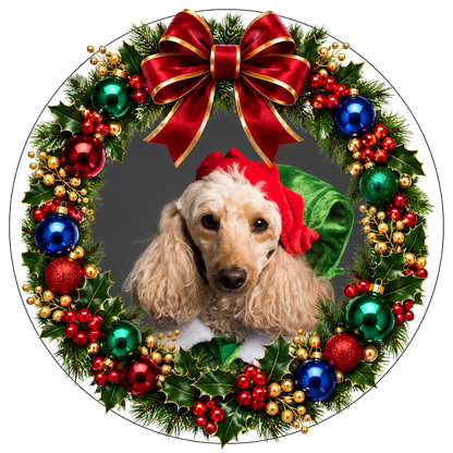 Christmas dog wreath DTF transfer design XMAS1475-3. Fixed photo artwork as shown; physical transfer only.