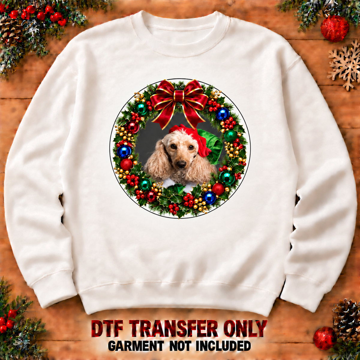 Christmas dog and wreath textile DTF transfer XMAS1475-3 shown at12-inch diameter on an adult sweatshirt. Garment not included.