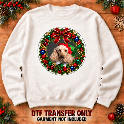 Christmas dog and wreath textile DTF transfer XMAS1475-3 shown at12-inch diameter on an adult sweatshirt. Garment not included.
