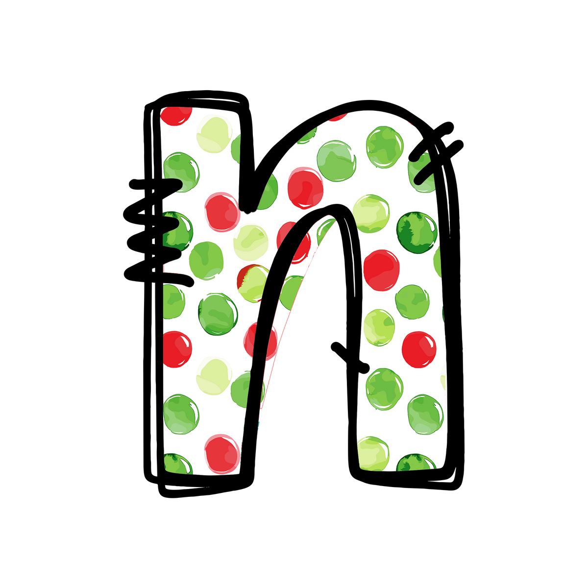 Christmas red and green polkadot single lowercase letter DTF transfer XMAS1476-14. Physical transfer only.