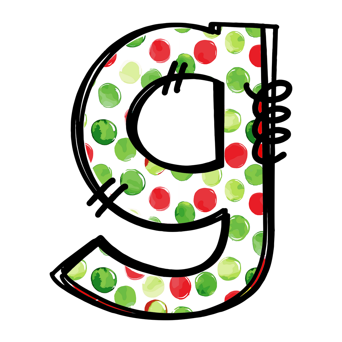Christmas red and green polkadot single lowercase letter DTF transfer XMAS1476-7. Physical transfer only.