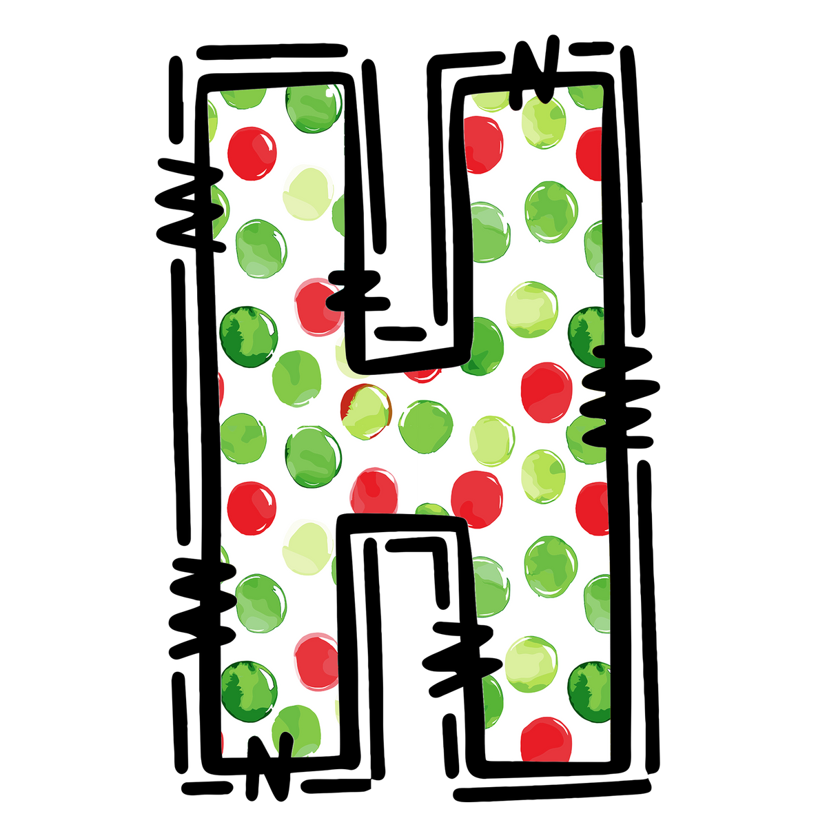 Christmas polkadot uppercase letter DTF transfer XMAS1477-15. Physical textile transfer only.