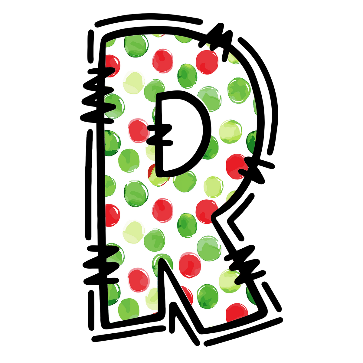 Christmas polkadot individual uppercase letter, number or stocking design XMAS1477-23. Physical textile DTF transfer only.