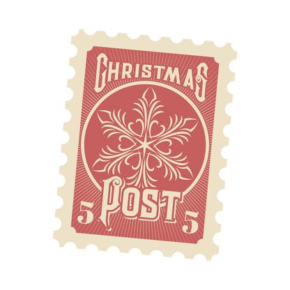 Christmas stamp-style badge DTF transfer design XMAS1478-38. Printed textile transfer only.