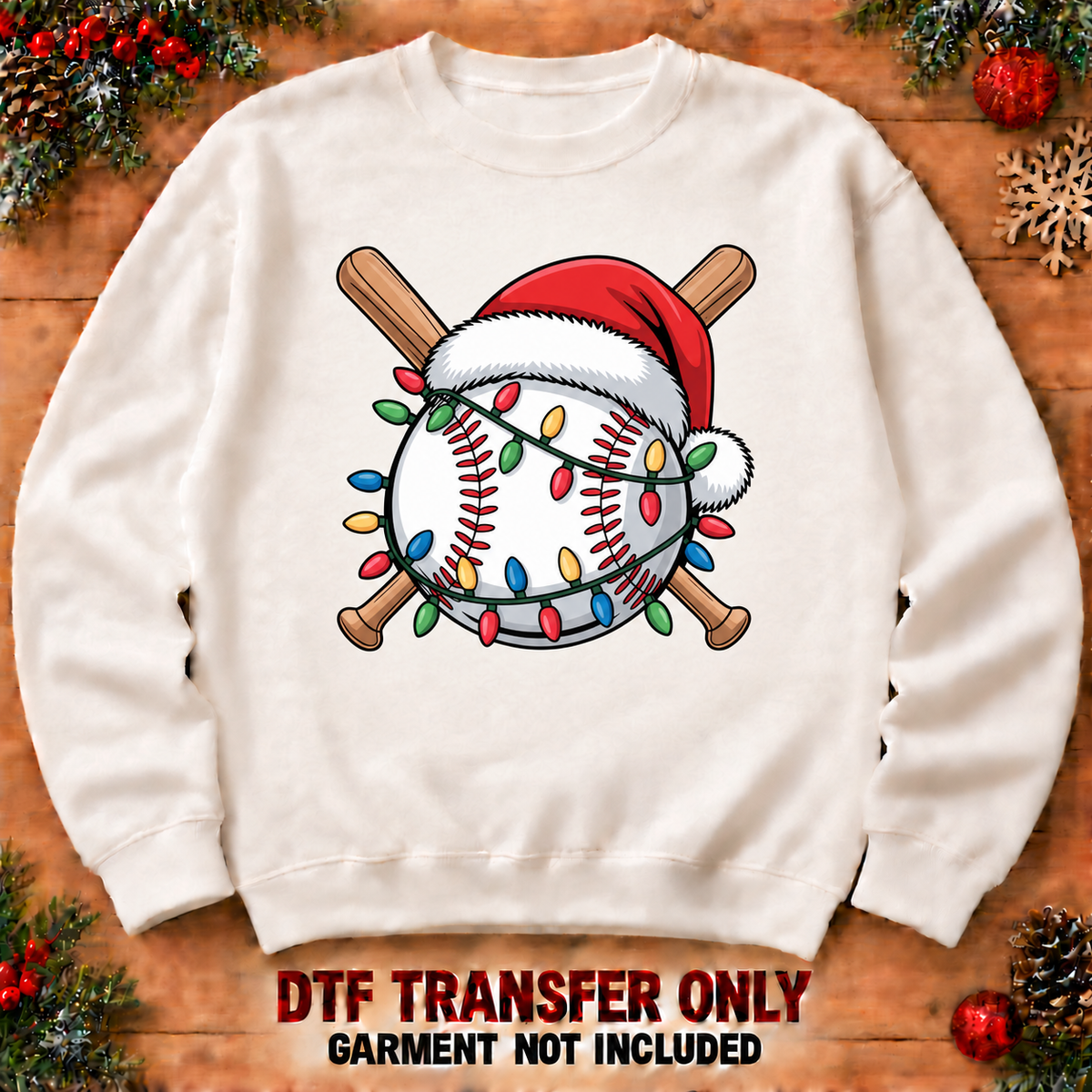 Christmas baseball, Santa hat, bats and holiday lights DTF transfer XMAS1479-5 shown at12-inch longest side on sweatshirt. Garment not included.