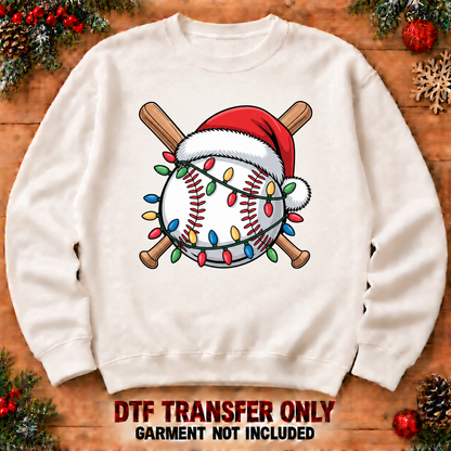 Christmas baseball, Santa hat, bats and holiday lights DTF transfer XMAS1479-5 shown at12-inch longest side on sweatshirt. Garment not included.