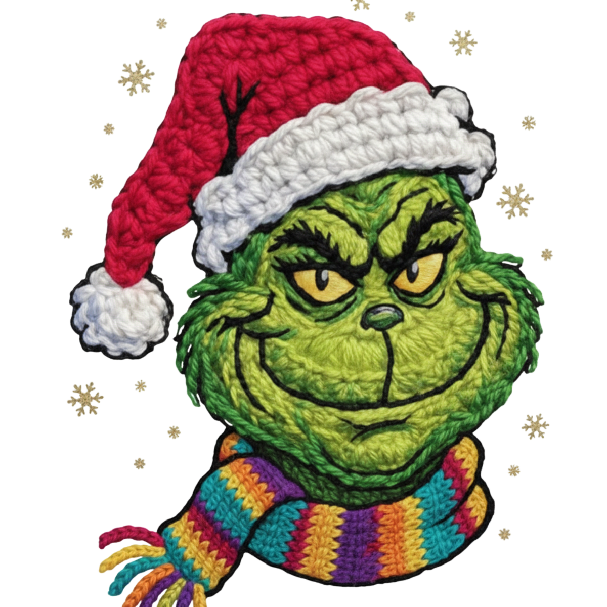 Crochet-look Christmas character DTF transfer design XMAS1480-3. Flat printed textile transfer, not actual yarn.