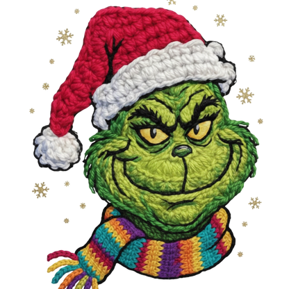 Crochet-look Christmas character DTF transfer design XMAS1480-3. Flat printed textile transfer, not actual yarn.