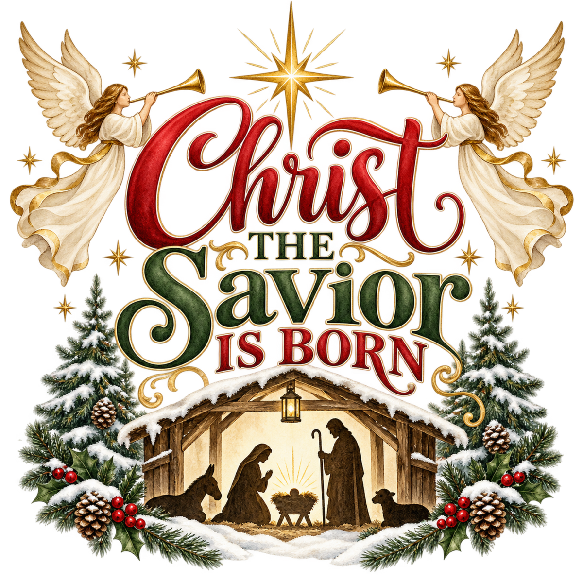 Christian Christmas greeting and nativity DTF transfer design XMAS1481-1. Physical textile transfer only.